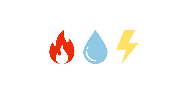 Three simple icons representing fire flame water drop and electric lightning bolt for energy and environment concepts.