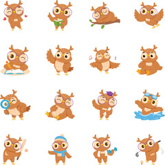 Obraz premium Playful owl character illustrations covering love, study, sleep, flight, writing, greetings, dance, sports, winter, fitness, golf, daily poses