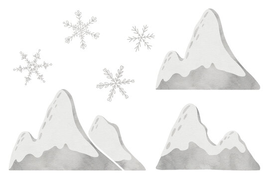 Set of Watercolor mountain in scandinavian style and snowflakes. Hill with snow. Hand drawn children illustration. Kids wallpaper. Mountainscape, baby room design, nursery wall decor.