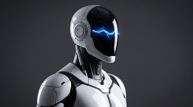 Futuristic white humanoid robot with glowing blue electrical lightning across its visor face sci fi futuristic artificial
