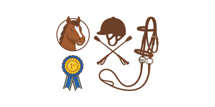 Horse riding equipment set displays brown helmet bridle and blue first place award ribbon for equestrian sports success.