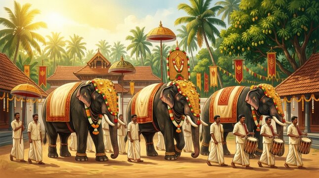 Traditional Indian harvest celebration procession with decorated elephants and drummers in a village