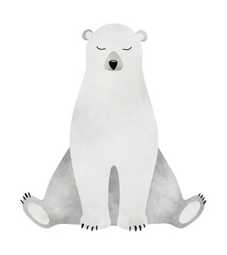 Watercolor cute white polar bear sitting. Hand drawn illustration of arctic animal isolated on background. for kids goods,linen, pajamas and children's room