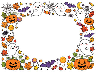Fototapeta premium Cute Halloween pumpkin and ghost cartoon border on warm beige background