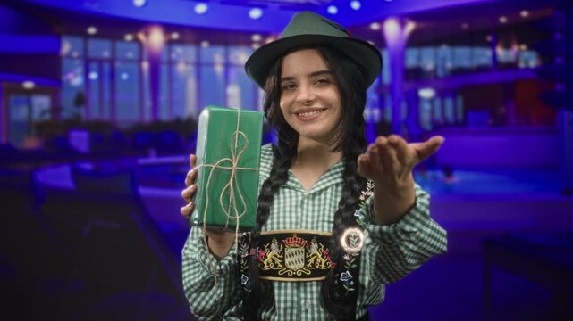 Woman in traditional oktoberfest costume extends hand offering green wrapped gift and smiles in a decorated event building; warm hospitality welcoming.