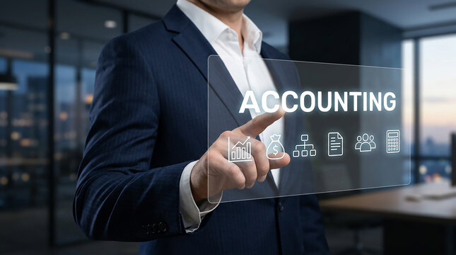 Financial Precision: A man in a sharp suit interacts with a futuristic interface displaying the word ACCOUNTING and relevant financial icons, symbolizing the digital transformation of finance.