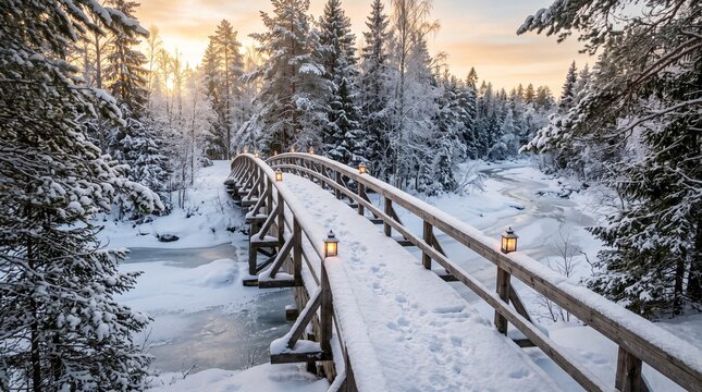 Photorealistic snowy winter forest with a wooden arched bridge covered in fresh snow, warm glowing lanterns along the bridge, frozen stream, snow-covered pine trees, golden sunset light, peaceful magi