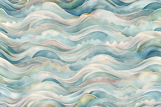 Abstract watercolor waves in muted tones. Seamless pattern of layered. undulating forms with varied shades of teal. beige. and taupe. evoking a tranquil. natural scene.