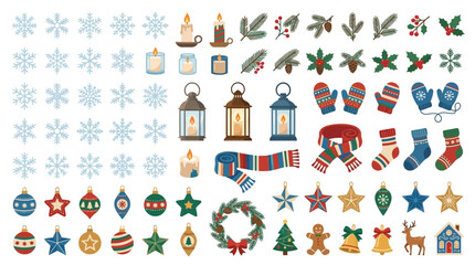Fototapeta premium Winter Holiday Decoration Icon Collection Featuring Christmas Ornaments and Festive Seasonal Elements in a Flat Vector Graphic Style