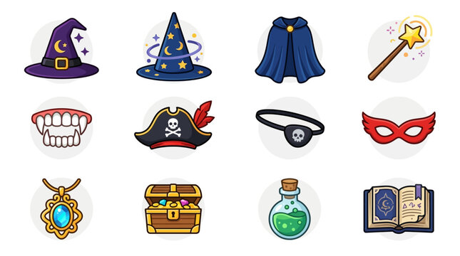 Set of Vibrant Fantasy and Halloween Costume Icons Featuring Magical Wizard Accessories and Pirate Adventure Elements for Creative Projects