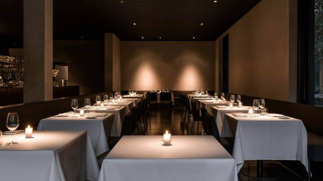 Elegant restaurant interior with white tablecloth, candlelight, modern decor, dark ceiling, and cozy ambiance for fine dining experience