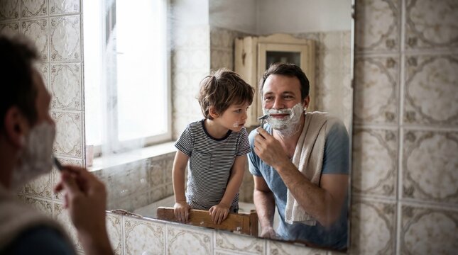 Father shaving while son watches in bathroom bonding moment