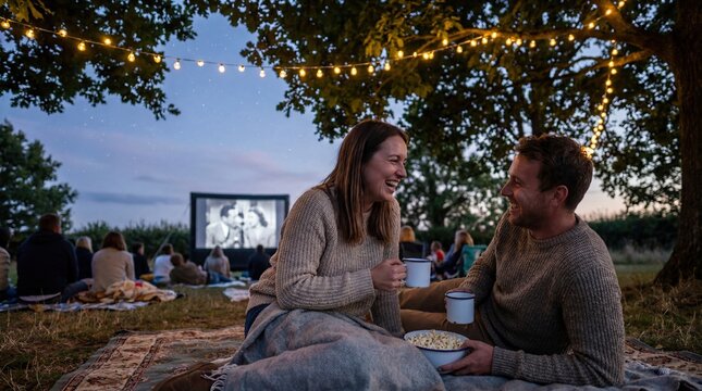 Couple enjoying outdoor cinema experience under string lights at night