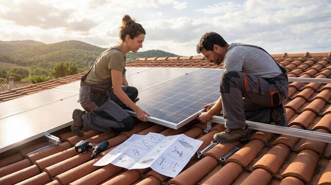 Couple installing solar panels on rooftop for sustainable energy at home
