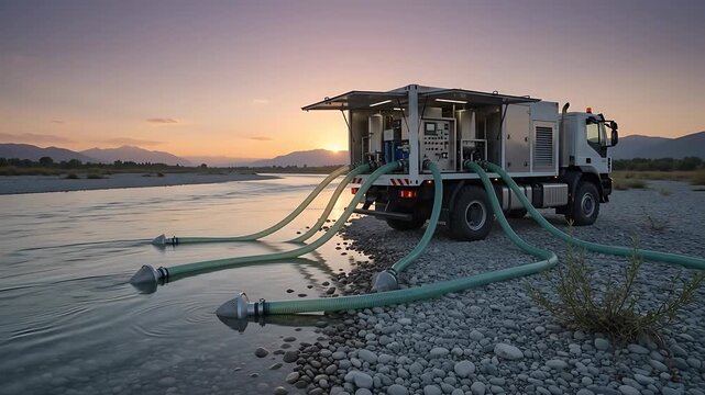Water Purification Truck Slowly Moving Across a Dried Lakebed at Sunset, Creating a Ripple Effect. Industrial Equipment, Environmental Cleanup.