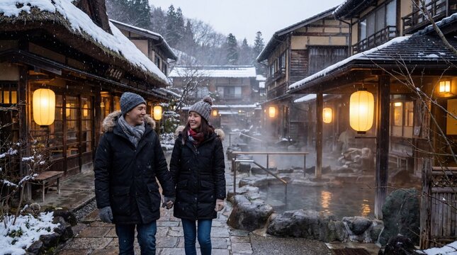 Couple walking hand in hand through traditional Japanese onsen village in winter