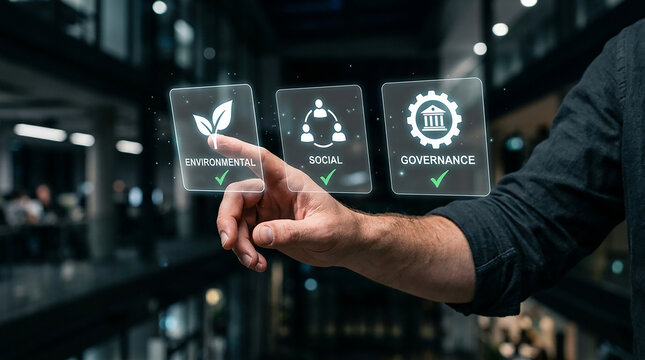 ESG Focus: A businessman's hand selects Environmental on a digital interface displaying Environmental, Social, and Governance factors, signifying corporate responsibility and sustainable practices.