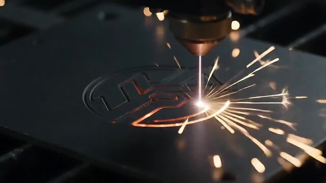 Laser Cutting Machine Sparks Creating a Metallic Leaf Design. Industrial Process Footage with Dynamic Sparks and Precision Cutting.