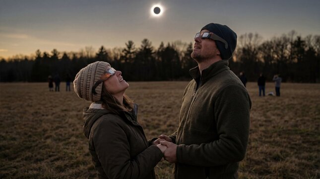 couple watching total solar eclipse in open field enjoying the moment together