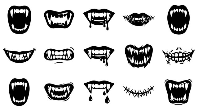 Set of black and white scary vampire mouths with sharp fangs and teeth for halloween designs