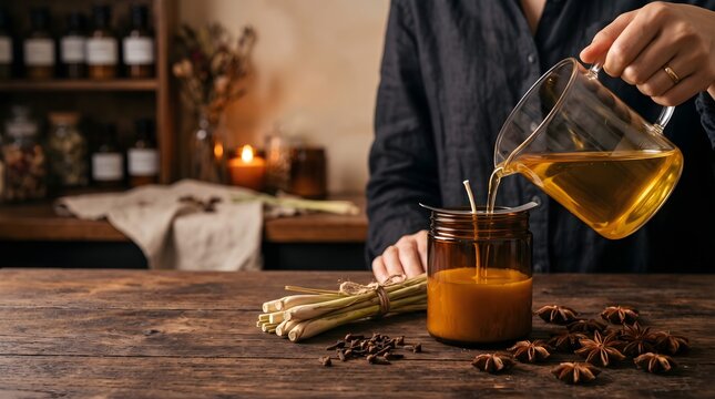 Pouring melted wax into glass jar for handcrafted scented candle making