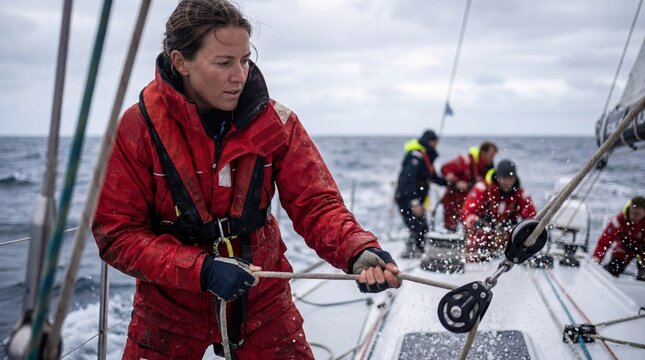 Female sailor adjusting rigging on racing yacht in rough sea for competitive sailing