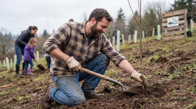Firefighter planting trees during weekend volunteering in community garden