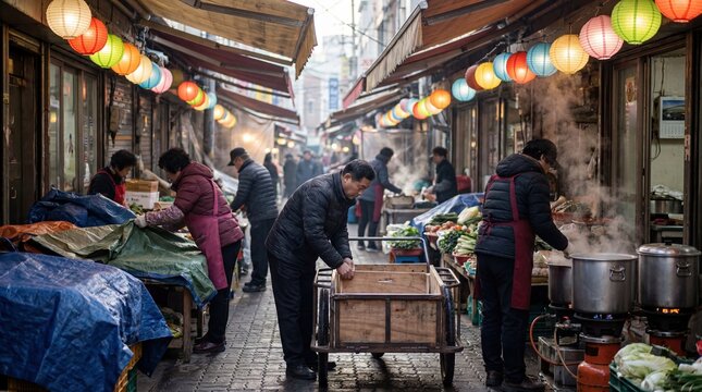 street food vendors setting up stalls in busy market with colorful lanterns