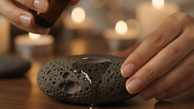 Essential Oil Dripping From a Bottle Onto a Volcanic Stone, Creating a Relaxing Spa Treatment Featuring Aromatherapy, Hands