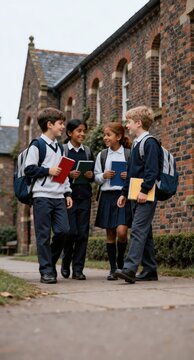 Group of four school children in uniform walking and talking on campus path carrying books and backpacks outside historic brick school building during daytime