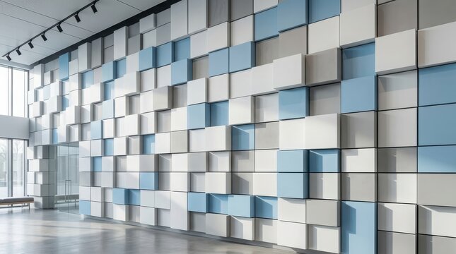 Modern interior wall featuring a geometric 3d pattern of blue, white, and grey square blocks