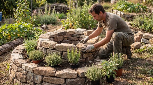 Man building stone herb spiral garden in outdoor setting for sustainable gardening