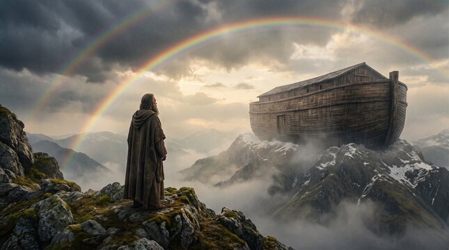 Prophet Noah looking at massive wooden ark resting on Mount Ararat under a double rainbow after the flood, cinematic Old Testament scene.