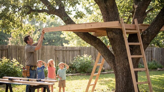 Man building wooden treehouse for children in backyard with ladder and tools