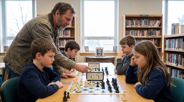 Man coaching youth chess team in community library for skill development