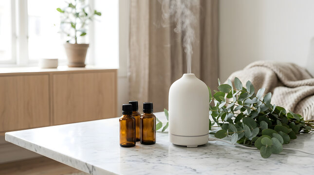 Essential oil diffuser with aroma mist on a table in a bright modern home
