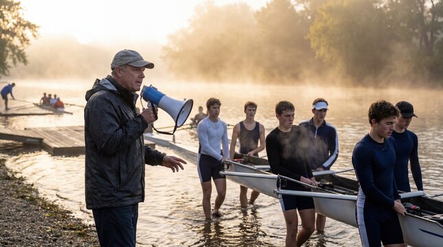 Coach guiding youth rowing team on river at dawn for training session