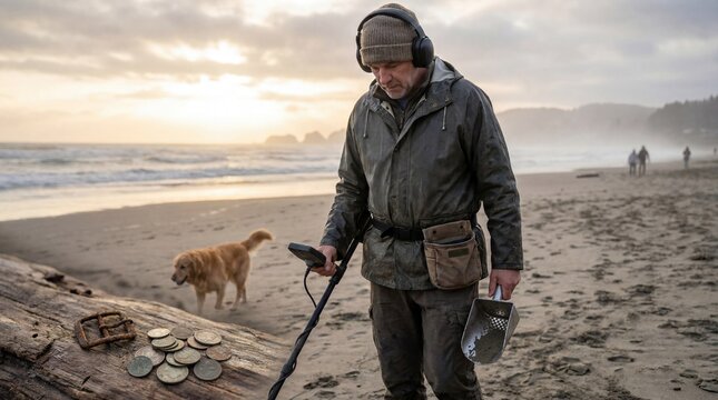 Man metal detecting on beach during sunrise with dog nearby