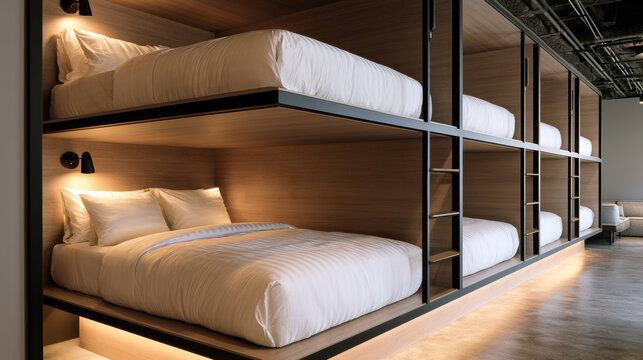 Modern hostel interior with cozy wooden bunk beds, soft white bedding, warm lighting, and industrial ceiling, creating welcoming atmosphere