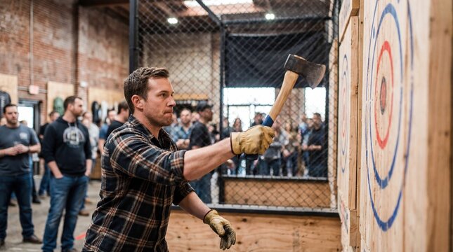 Man competing in axe throwing at indoor venue with audience watching