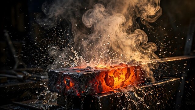 Cinematic Slow Motion Shot of Water Droplets Spraying on Hot Newly Forged Glowing Metal with Dramatic Steam Explosions