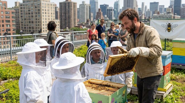 Man teaching urban beekeeping to children in rooftop garden for educational purposes