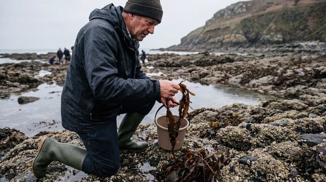 Man foraging sea vegetables at low tide on rocky shore for sustainable food