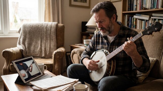 Man learning to play banjo at home using online tutorial for first time