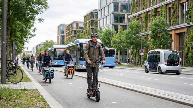Man commuting on electric scooter in urban environment for sustainable transportation