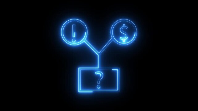 Neon blue diagram showing exclamation point and dollar sign connecting to question mark box.