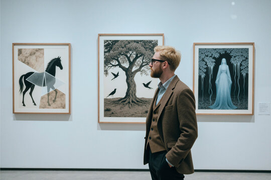 Caucasian young adult man viewing framed artwork in gallery, considering visual storytelling and creative curation. Useful for culture marketing, exhibition promotion, art business content