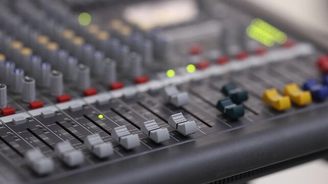 Professional audio mixing console with illuminated channel indicators, varied fader positions, tactile controls, and studio hardware details viewed from close low angle