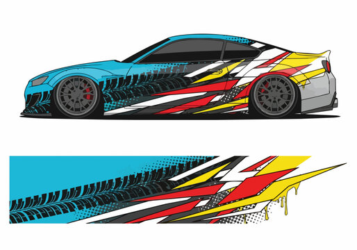 Colorful sports car with dynamic racing decal wrap design