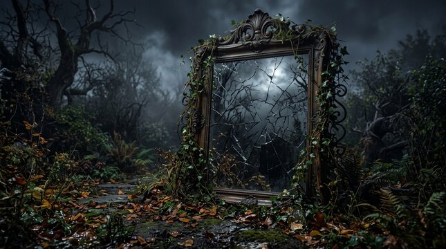 A detailed photo-realistic image of a grand, ornate Victorian-style wooden mirror, heavily weathered and cracked, with broken glass and covered in climbing ivy, standing alone in a dark, foggy, and gn